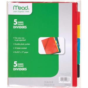 imageMead Tab Dividers with Pocket 3 Hole Punch Fits 3 Ring Binder Assorted Colors 5 Pack 200381 Pack