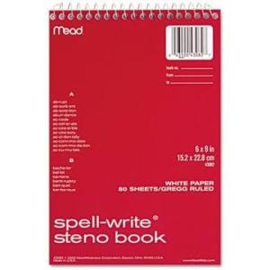 imageMead Products  Mead  SpellWrite Steno Book Gregg Rule 6 x 9 White 80 SheetsPad  Sold As 1 Each  Sturdy design has cardboard cover and wirebound top  Correct spellings of commonly misspelled words are printed on cover  Perforated pages for easy sheet removal